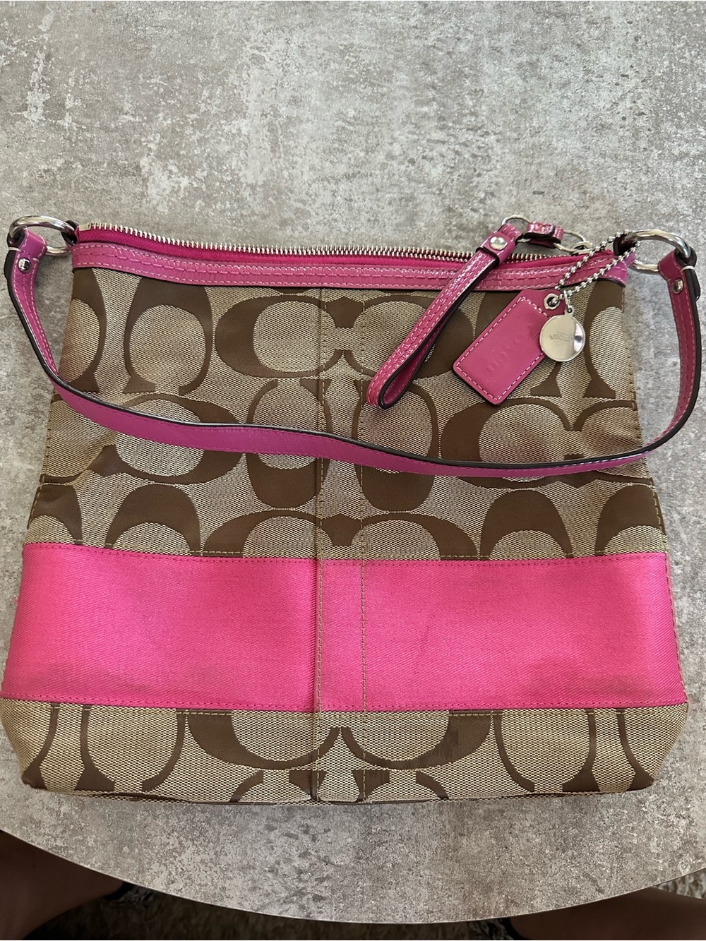 Coach Brown Signature Canvas Shoulder Bag with Pink Trim